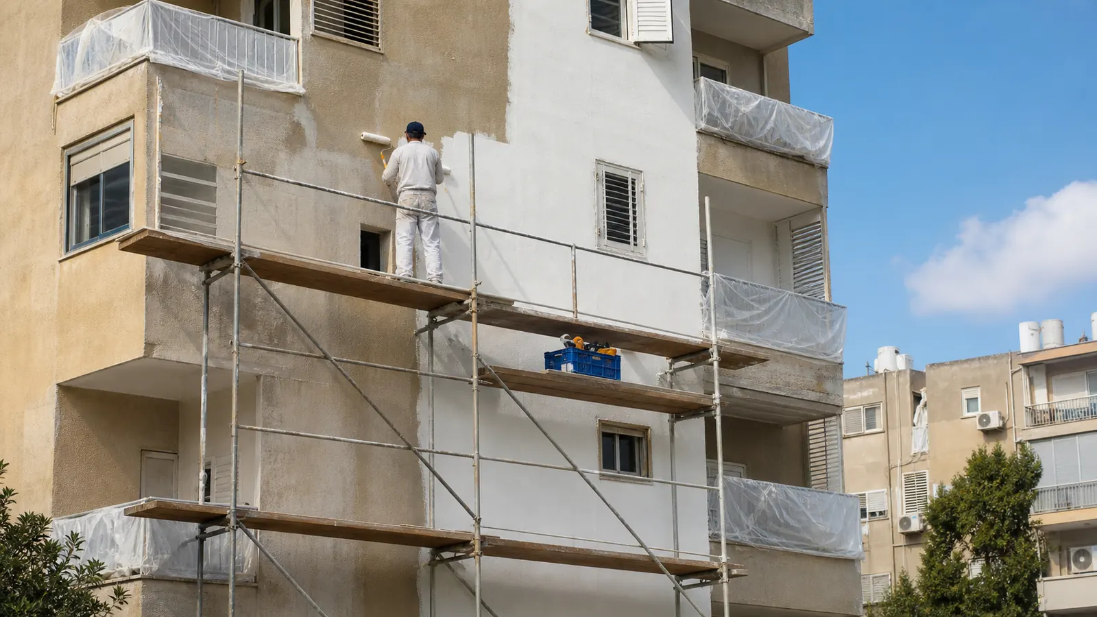 חזית בניין מגורים נצבעת מפיגום — פס אנכי טרי מול הצבע הישן והדהוי